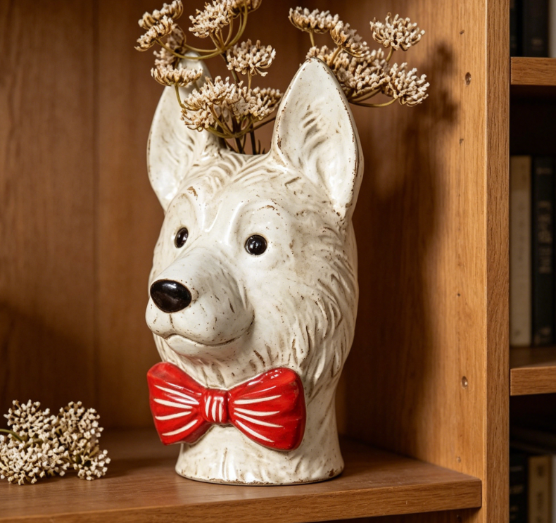 Ceramic Dog Head Flower Pot - German Shepherd Puppy Tie Flower Pot, Waterproof Unique Vase, Cute Pet Animal Flower Pot, Suitable for Indoor Plants, Shelf Desktop Decoration Statue